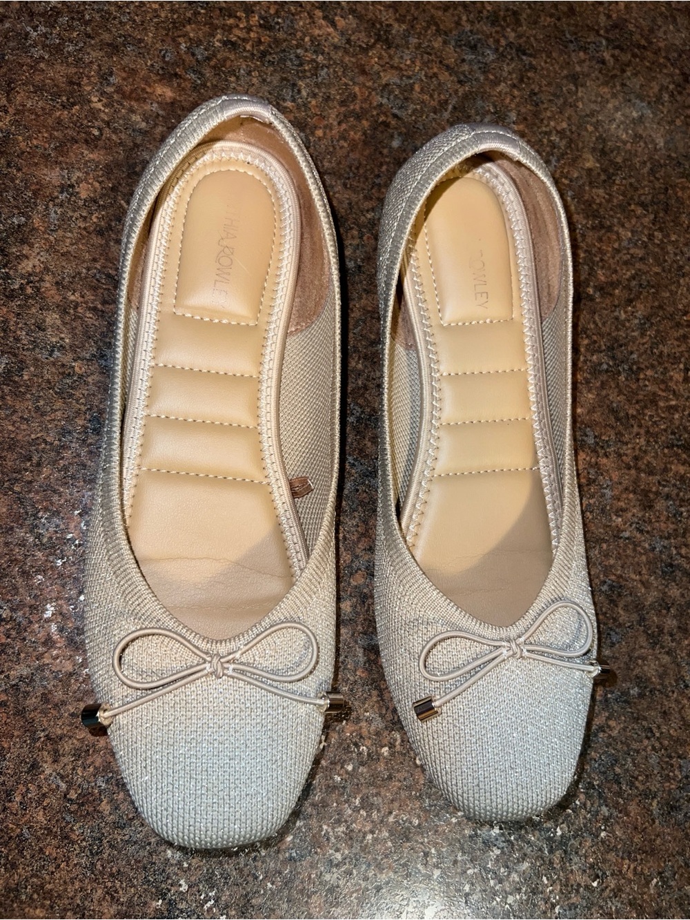Women's Beige/Gold Sparkle Bow Knit Ballet Slip On Flats